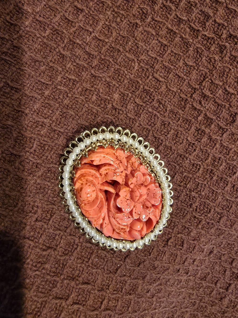 Vintage Coral Floral Carved Brooch with Pearl and Gold Frame